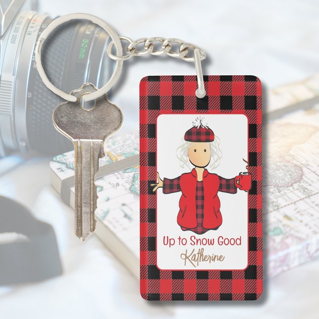 Winter Female Cartoon Funny Saying Buffalo Plaid Key Ring (Creator Uploaded)