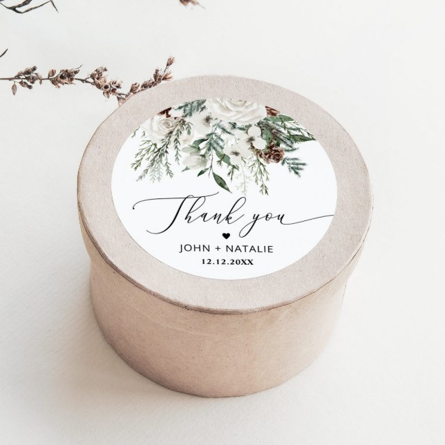 Winter festive foliage evergeen wedding classic round sticker (Creator Uploaded)