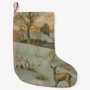 Winter Field Deer Church Snow Small Christmas Stocking