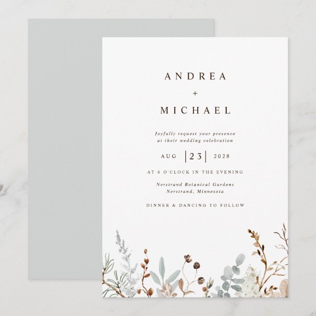 Winter Field Wildflowers Botanical Wedding Invitation (Front/Back)