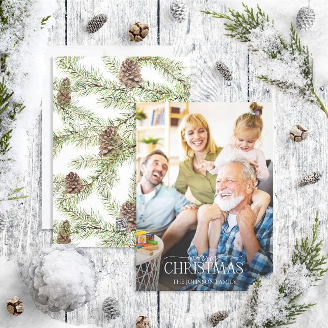 Winter Fir Cone Merry Christmas Script Photo Holid Holiday Card (Creator Uploaded)