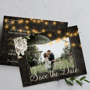 Winter floral and barn wood save the date wedding announcement postcard