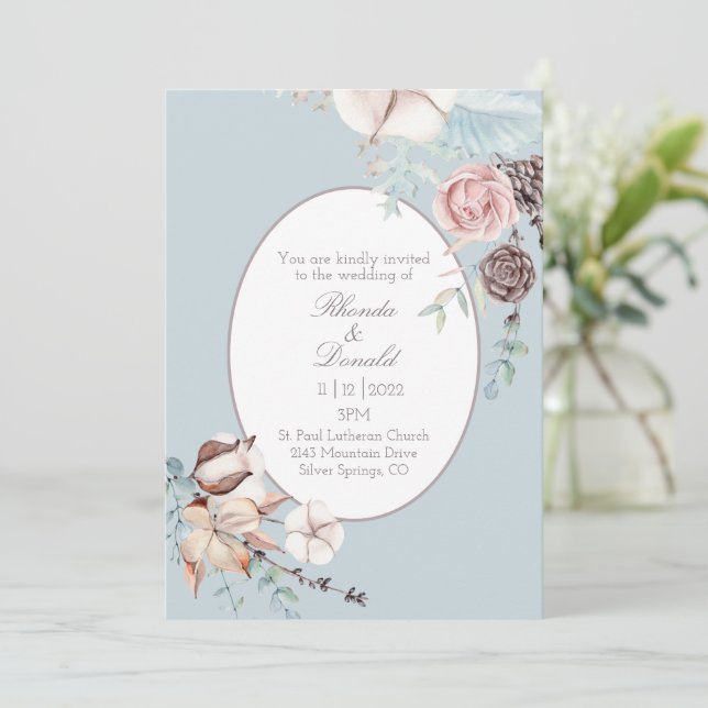 Winter floral and Foliage Watercolor Blue Wedding  Invitation (Standing Front)