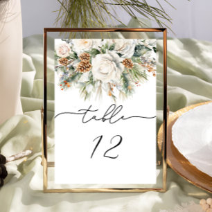 Winter Floral and Pine Wedding Table Number