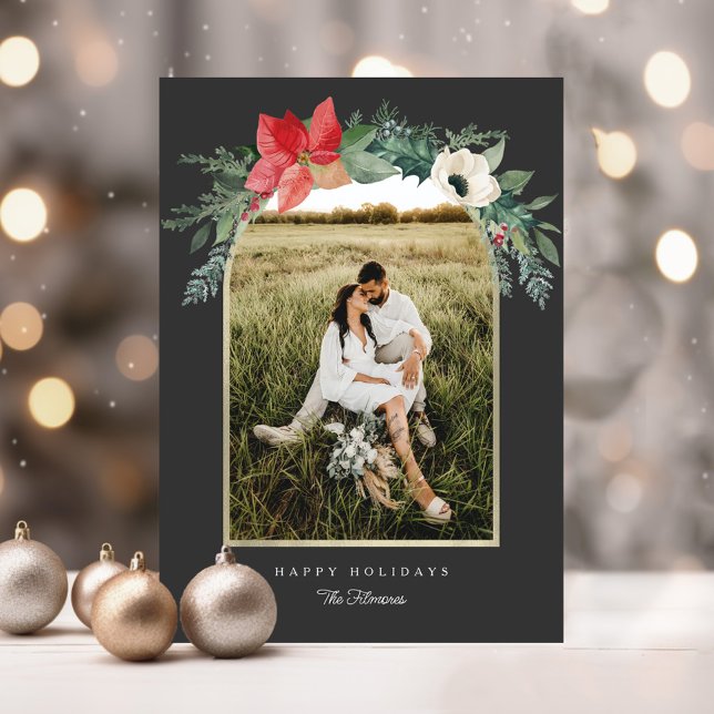 Winter Floral Arch Happy Holidays Photo Holiday Card (Creator Uploaded)