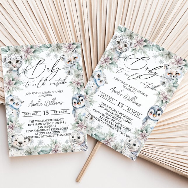 Winter Floral Arctic Animals Baby Shower Invitation (Creator Uploaded)