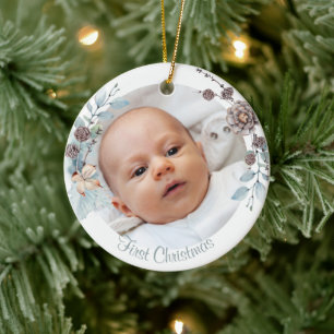 Winter Floral Baby's First Christmas Photo Ceramic Tree Decoration