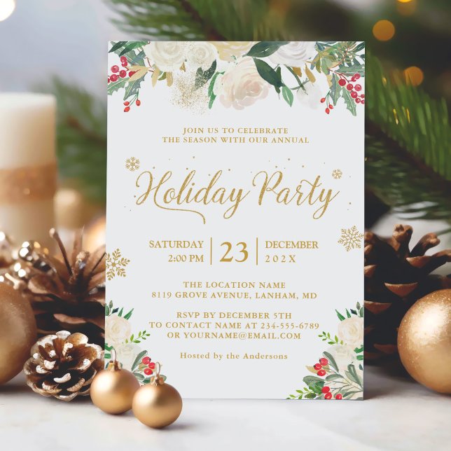 Winter Floral Berries Gold Glitter Holiday Party Invitation (Sample 1)
