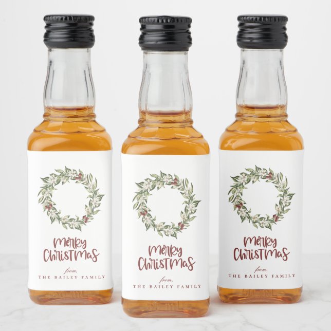 Winter Floral Berry Wreath Christmas Liquor Bottle Label (Bottles)
