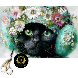 Winter Floral Black Cat Decoupage Tissue Paper