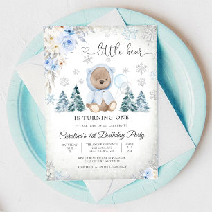Winter Floral Blue Teddy Bear Birthday Invitation