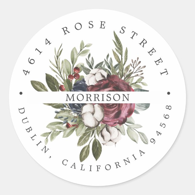 Winter Floral | Boho Botanical Return Address Classic Round Sticker (Front)