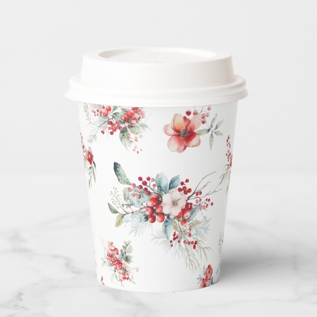 Winter Floral Botanical Christmas Bridal Shower Paper Cups (Left)