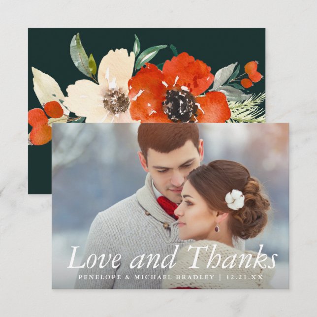 Winter Floral Bouquet Wedding Photo Thank You Card (Front/Back)