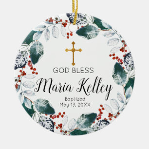 Winter Floral Burgundy Personalised Girl Baptism Ceramic Tree Decoration