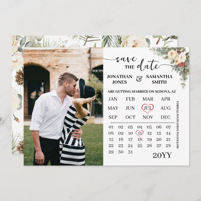 Winter Floral Calendar with Photo Save The Date (Front/Back)