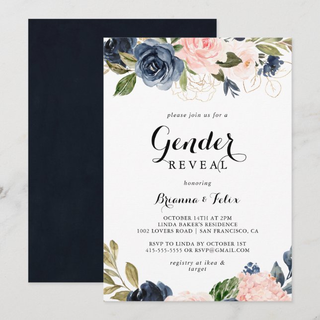 Winter Floral Calligraphy Gender Reveal Party Invitation (Front/Back)