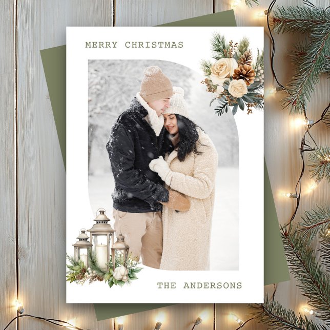 Winter Floral Candle Lantern Photo Merry Christmas Holiday Card (Creator Uploaded)