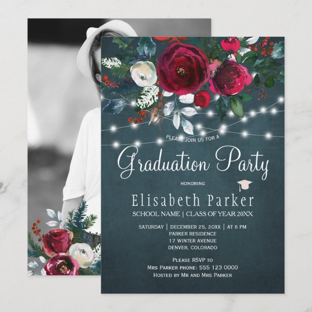Winter floral chic burgundy PHOTO graduation party Invitation (Front/Back)