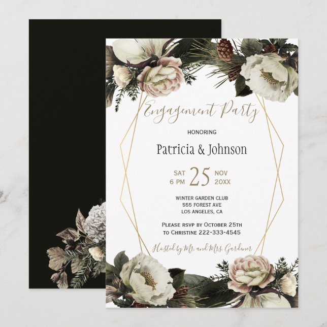 Winter floral chic gold geometric engagement party invitation (Front/Back)