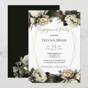 Winter floral chic gold geometric engagement party invitation