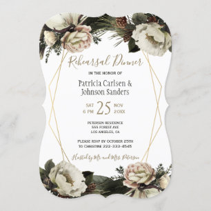 Winter floral chic gold geometric rehearsal dinner invitation