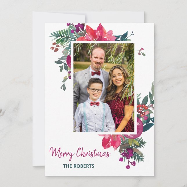 winter floral Christmas berry greenery family fun Holiday Card (Front)