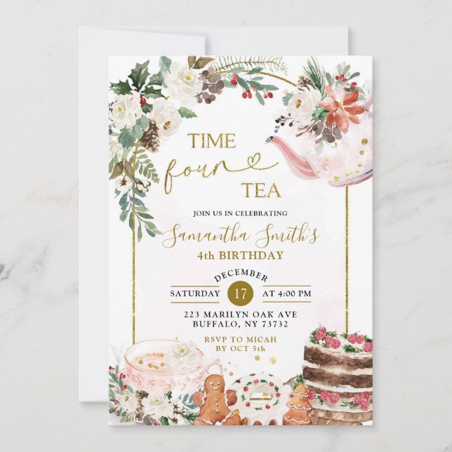 Winter Floral Christmas Tea Fourth Birthday Party Invitation (Front)
