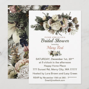 Winter Floral Cream Peony Conifer Bridal Shower Invitation