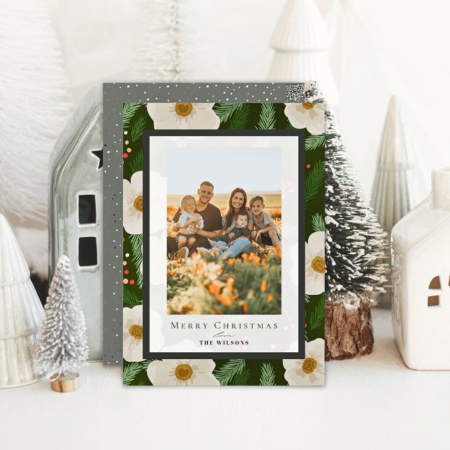 Winter Floral Dark Green 4 Photos Christmas Holiday Card (Creator Uploaded)
