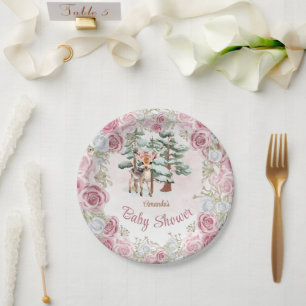 Winter Floral Deer Girl Baby Shower  Paper Plate