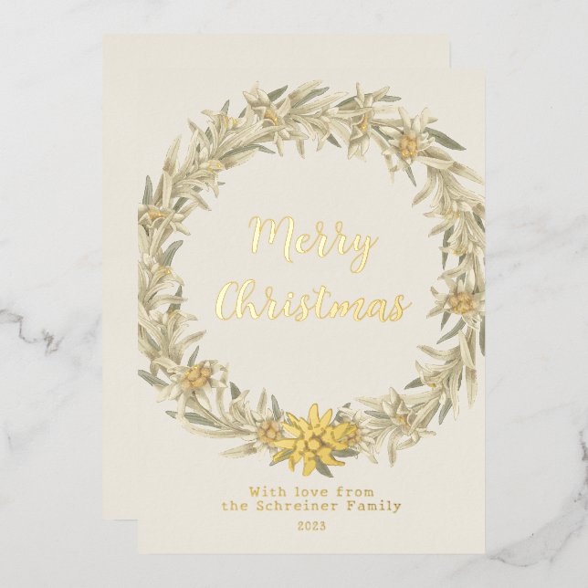Winter Floral Edelweiss Alpine Foil Holiday Card (Front/Back)