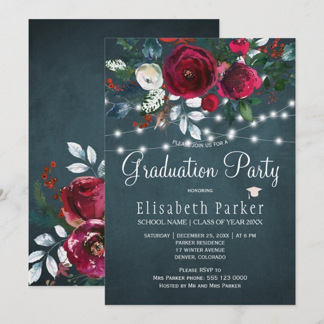 Winter floral elegant burgundy graduation party invitation (Front/Back)