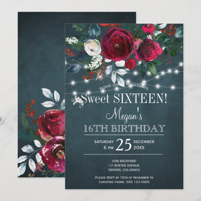 Winter floral elegant burgundy sweet sixteen invitation (Front/Back)