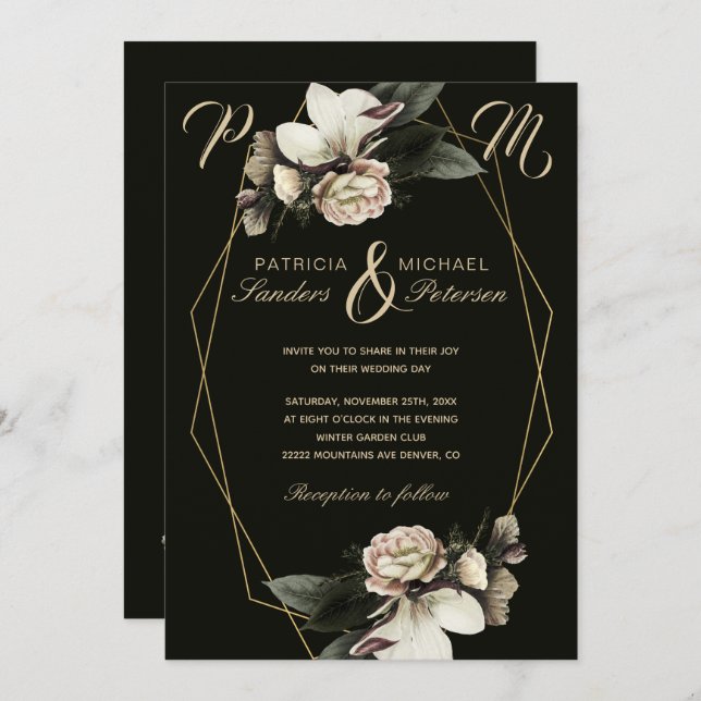 Winter floral elegant gold geometric wedding invitation (Front/Back)