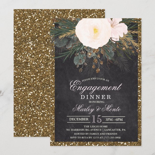 Winter Floral Engagement Dinner Invitation (Front/Back)