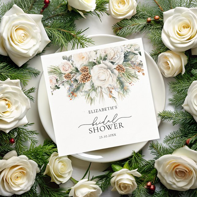 Winter Floral Evergreen Modern Bridal Shower Napkin (Creator Uploaded)
