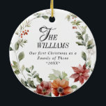 Winter Floral Family First Christmas Custom Photo Ceramic Tree Decoration<br><div class="desc">Floral Elegant First Family Christmas Photo Ceramic Ornament</div>