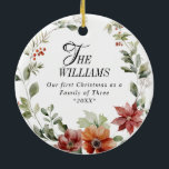 Winter Floral Family First Christmas Custom Photo Ceramic Tree Decoration<br><div class="desc">Floral Elegant First Family Christmas Photo Ceramic Ornament</div>