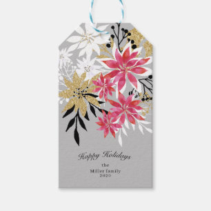 winter floral faux foil happy holidays monogram gift tags