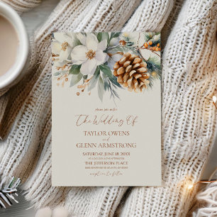 Winter Floral Flowers Pine Tree Cone Wedding Invitation