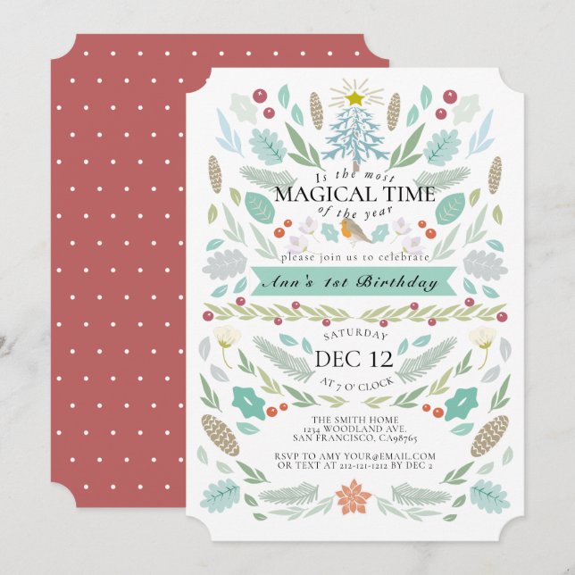 Winter Floral Foliage Chrismtas 1st Birthday Invitation (Front/Back)