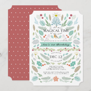 Winter Floral Foliage Chrismtas 1st Birthday Invitation