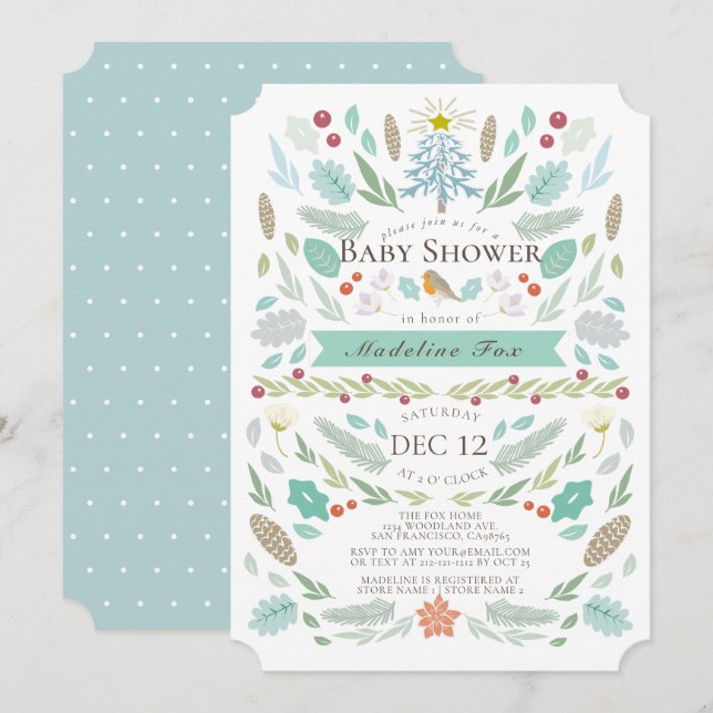 Winter Floral Foliage Holiday Blue Baby Shower Invitation (Front/Back)