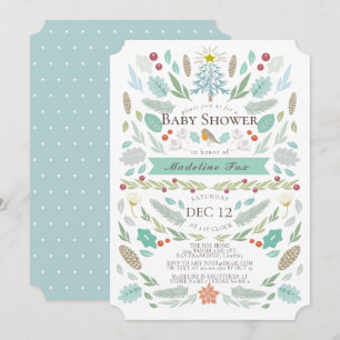 Winter Floral Foliage Holiday Blue Baby Shower Invitation