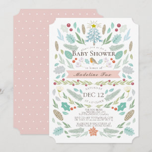 Winter Floral Foliage Holiday Pink Baby Shower Invitation