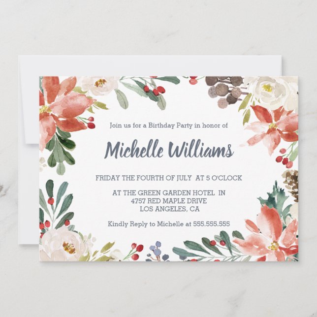 Winter Floral Frame Berries leaves adult birthday Invitation (Front)