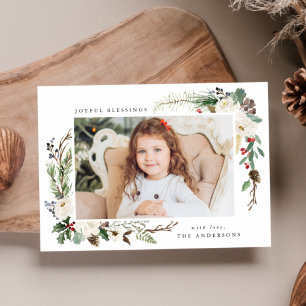 Winter Floral Frame Holiday Photo Card