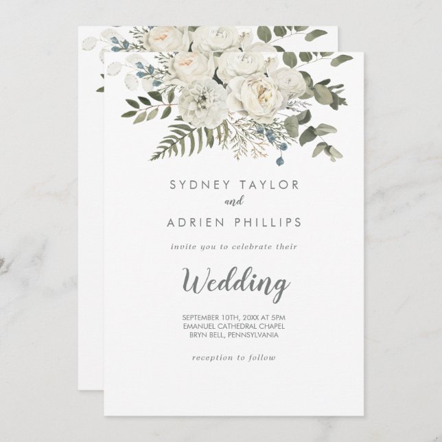 Winter Floral Front and Back Wedding Invitation (Front/Back)