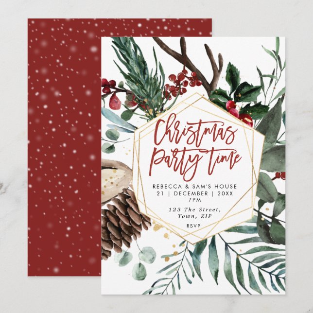 winter floral geometric Christmas party invitation (Front/Back)